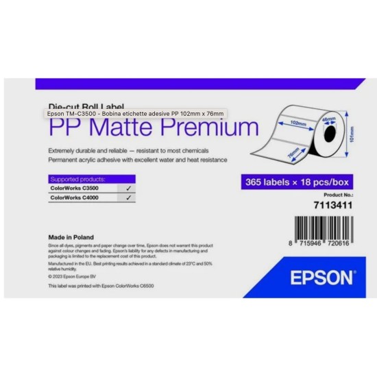 EPSON 7113411 ROTOLO PE MATTE 102X76 365 ETICHETTE PER COLORWORKS C3500/C4500 EPSON 7113411 ROTOLO PE MATTE 102X76 365 ETICHETTE PER COLORWORKS C3500/C4500