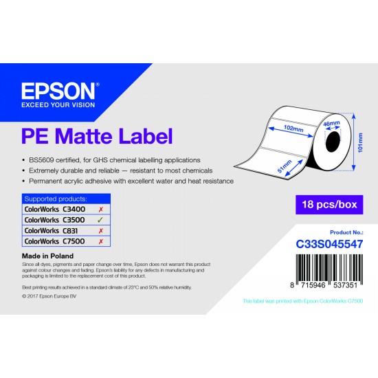 EPSON C33S045547 ROTOLO ETICHETTE 102mmX51mm COLORWORKS TM-C3500 (535 etichette)