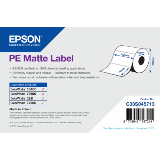 EPSON C33S045713 ROTOLO PE MATTE 102X76 1570 ETICHETTE PER COLORWORKS C7500