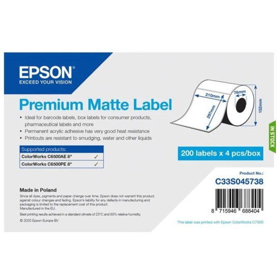 EPSON C33S045738 ROTOLO 200 ETICHETTE A4 210mmX297mm COLORWORKS C6500 [1 ROTOLO]