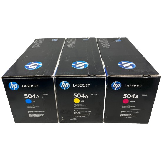 HP CE251A CE252A CE253A 504A CIANO GIALLO MAGENTA PER COLORLASERJET CP3525 [3PZ]