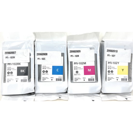CANON  PFI-102 4 CARTUCCE ORIGINALI NERO CIANO MAGENTA GIALLO iPF500/510/600 [A BOX]