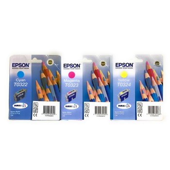 EPSON T0322 T0323 T0324 CIANO MAGENTA GIALLO 3 CARTUCCE ORIGINALI STYLUS C70/C80 [A BOX]
