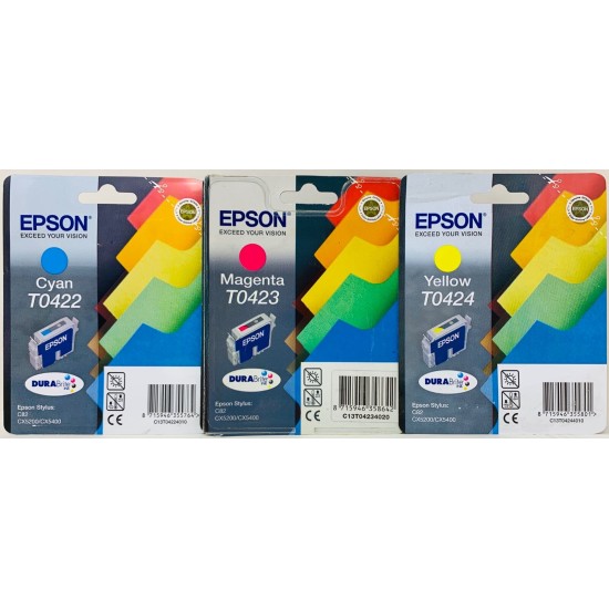 EPSON T0422/T0423/T0424 ORIGINALI CIANO/MAGENTA/GIALLO STYLUS C82/CX5200/CX5400 [A BOX]