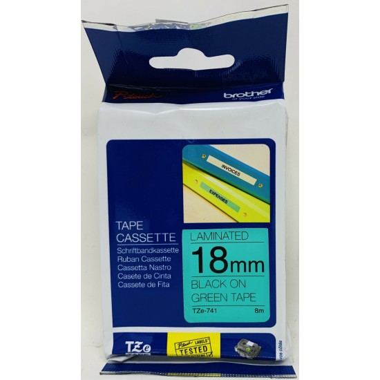 BROTHER TZe-741 NASTRO ORIGINALE NERO SU VERDE 18mmX8mt P-TOUCH 200/300/500/P700