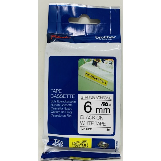 BROTHER TZe-S211 NASTRO ORIGINALE NERO SU BIANCO (6mmX8mt) P-TOUCH 300/500/1000
